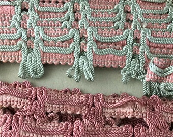 Vintage French Gimp Pink Cranberry Mint Trim Ribbon Tape Millinery Passementerie Upholstery Band Cotton Length 13m