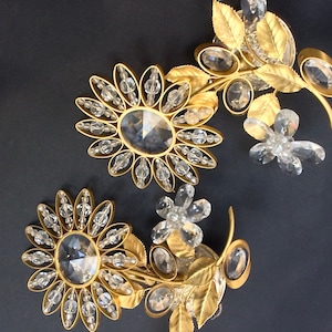 Crystal Flower Pair Exclusive by Faustig Wall Lights  Sconces Gold Plated Leaves Mid Century Brass Sunflower Hollywood Regency Florentine