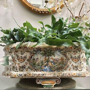 Antik stor fransk jardiniereblomkruka signerad Paris Samson 1800-talsfot neoklassisk fajans keramik majolika keramik