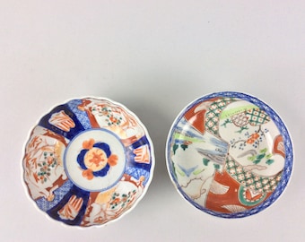 Antique Imari Japanese footed rice bowls hand painted Small Scalloped Rim signed