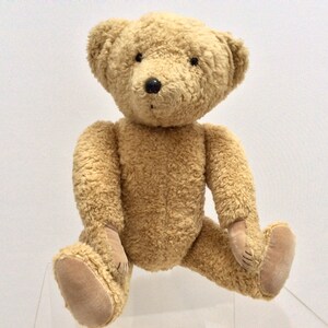 May include: A plush brown teddy bear with black eyes and a black nose. The bear is sitting on a clear surface.