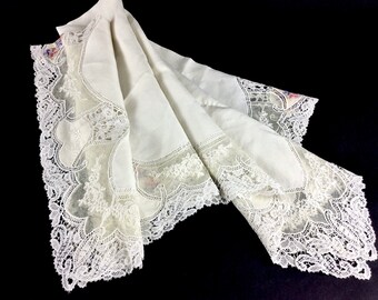 rare antique table cloth 19th embroidered wide Brussels bobbin lace point de gaze linen table cloth cover napkin