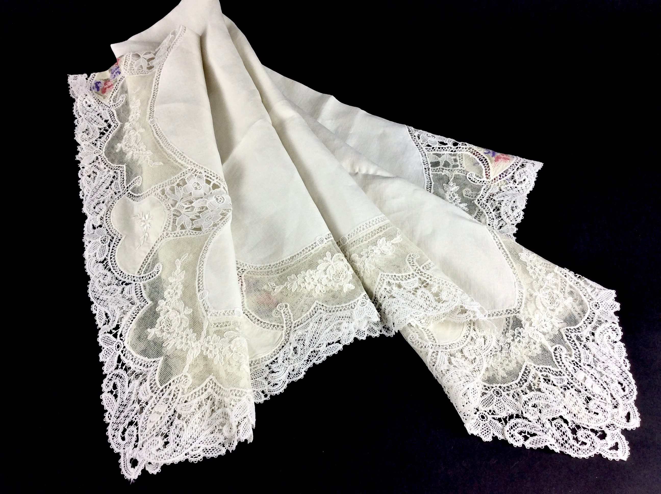 Grande Nappe Ancienne En Dentelle Point D'esprit, Lin, Fait Main, 160x285