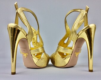 Prada Metallic Gold Leather Peep Toe Ankle Strap Platform Sandals Size 35 Iconic Heals Italian Designer Trendy Fashion Glam Glamorous