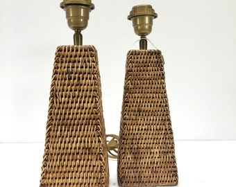 Pair Mid-century Rattan Table lamps Wicker Design