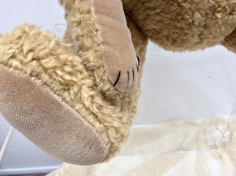 May include: Close-up of a beige teddy bear's foot with a stitched paw pad.