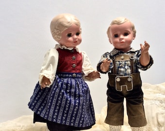 Pair of Vintage celluloid Schildkrot doll dolls Turtle mark Tortulon German bavarian girl and boy folk outfit sleepy eyes