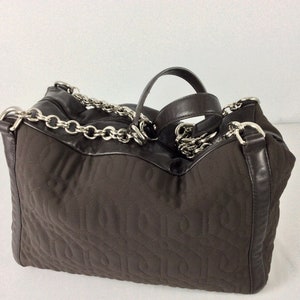 Vintage 1980&#39;s Donald J. Pliner Bag Designer Quality Nylon Leather Chain Handles Shoulder Large Gym Travel Tote Bag Brown Glam Glamorous