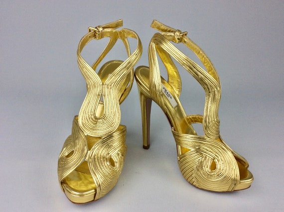 Prada Metallic Gold Leather Peep Toe Ankle Strap Platform Prada Metallic Gold Leather Peep Toe Ankle Strap Platform