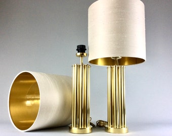 Two Charming Table Lamps Cylindrical Column Bedside Hallway Lamp Regency Style  Gold Brass Unique Silk Lampshades Modern Drum Hand Made