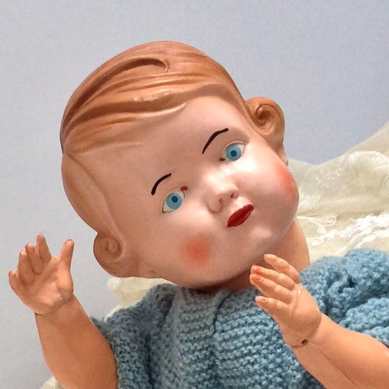 Antique Celluloid doll moulded hard plastic hair vintage blue crocheted knitted outfit dress cardigan 1050s