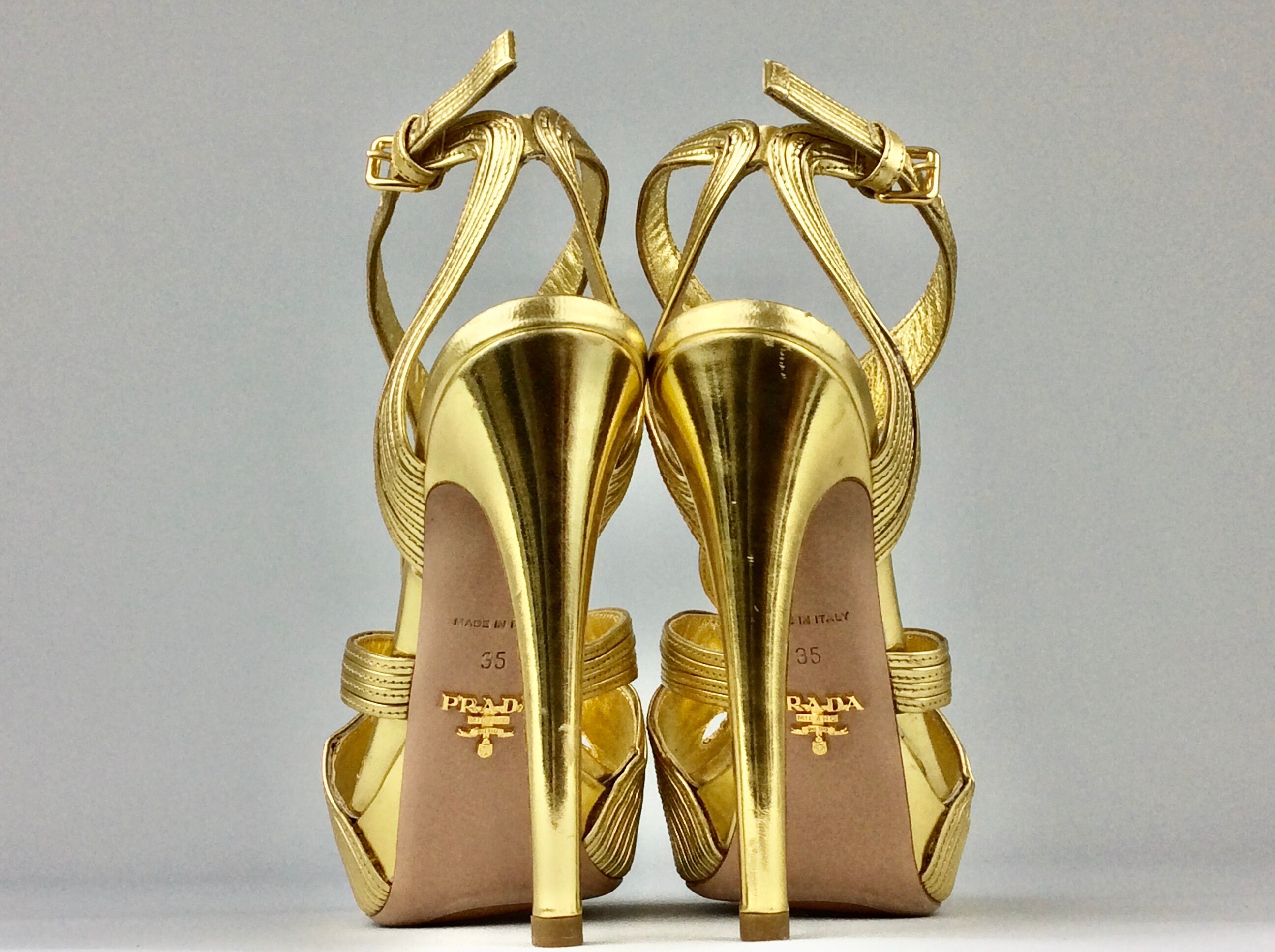 Prada Metallic Gold Leather Peep Toe Ankle Strap Platform Prada Metallic Gold Leather Peep Toe Ankle Strap Platform