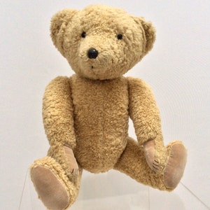 May include: A plush brown teddy bear with black eyes and a black nose. The bear is sitting with its legs crossed and its paws resting on a clear surface.