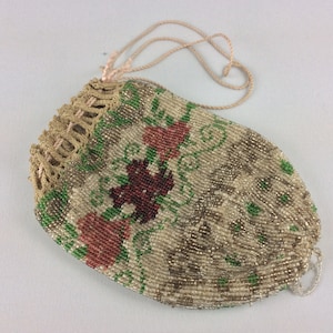 Antique Beadwork Purse Handbag Bag Pouch Victorian 19th Ladies Reticule Bead Beaded Petite Point Embroidery Needlework Decor Roses