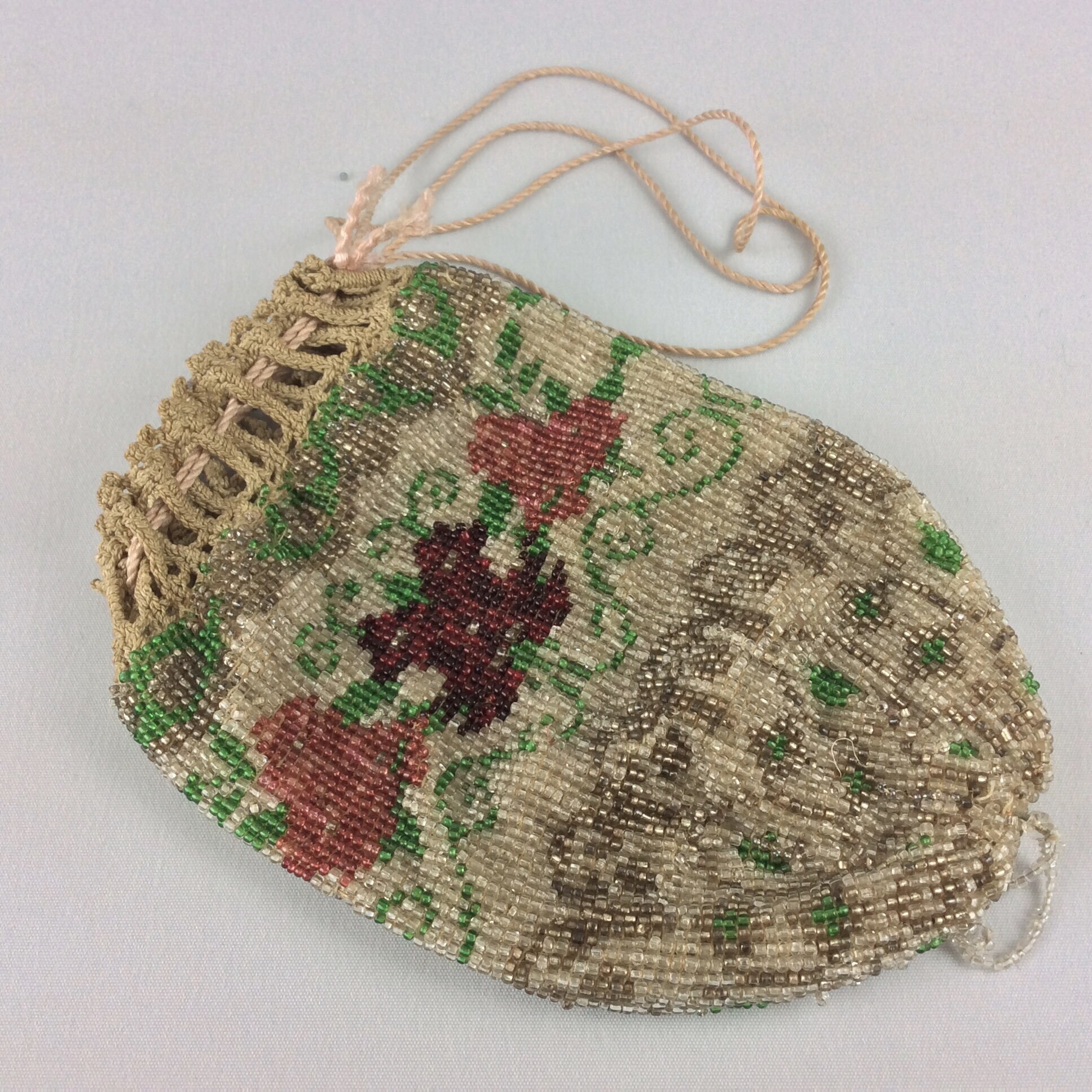 Antique Beadwork Purse Handbag Bag Pouch Victorian 19th Ladies Reticule Bead Beaded Petite Point Embroidery Needlework Decor Roses
