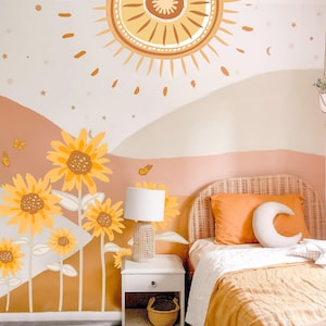 Long Stem Sunflower wall decal,  Sun flower Wall Sticker, Removable and Reusable, Nursery Wall Decor, Kids Wall Art,