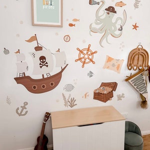 Sticker mural pirate, stickers muraux, sticker mural animal marin, sticker mural sous la mer amovible et réutilisable, décoration murale chambre d'enfant, art mural enfant.