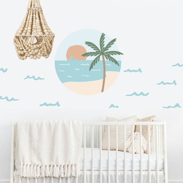 Beach Scene Wall decal, beach wall decals,  waves Wall Sticker, Surf Wall decal Removable and Reusable, Nursery Wall Decor, Kids Wall Art,