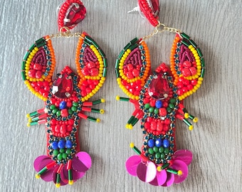Lobster Crawfish Earrings Beautiful color Beads with Rhinestone Lobster crawfish boil earrings Handmade
