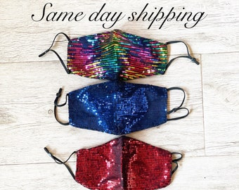 Sequin Face Mask: 3-Layer Holiday Party Mask with Pocket