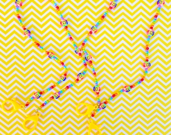 Y2K Beaded Mask Lanyard: Colorful Happy Face Necklace