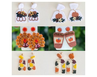 Thanksgiving Earrings: Polymer Clay Turkey, Pumpkin, and Beaded Fall Leaves
