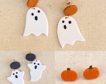 Handmade Polymer Clay Halloween Earrings: Ghost & Pumpkin