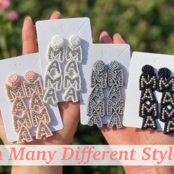 MAMA イヤリング、母の日、MAMA ダングル ビーズ イヤリング、ラインストーン ビーズ ジュエリー、お母さんへのギフト、シード ビーズ イヤリング、ベビーシャワー