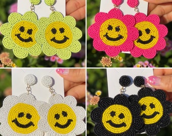 Daisy Flower Beaded Earrings: Happy Face Summer Jewelry