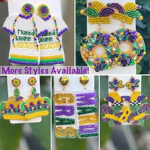 Mardi Gras Theme bead earrings, Mardi Gras Mask earrings, Fleur de Lis, King Cake, Champagne earrings, Mardi Gras costume, Handmade