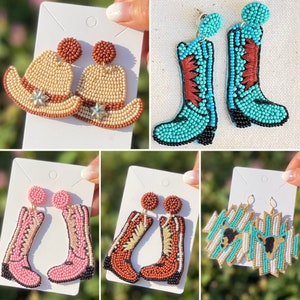 Cowboy boots, Cowgirl boots, western hat, Texas themed earrings, beaded earrings