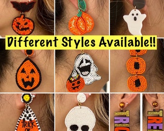 Same day shipping! Halloween earrings, Jack-o’-lantern, Witches  hat, Spiders, Ghost, pumpkin, beaded earrings, Halloween themed jewelry