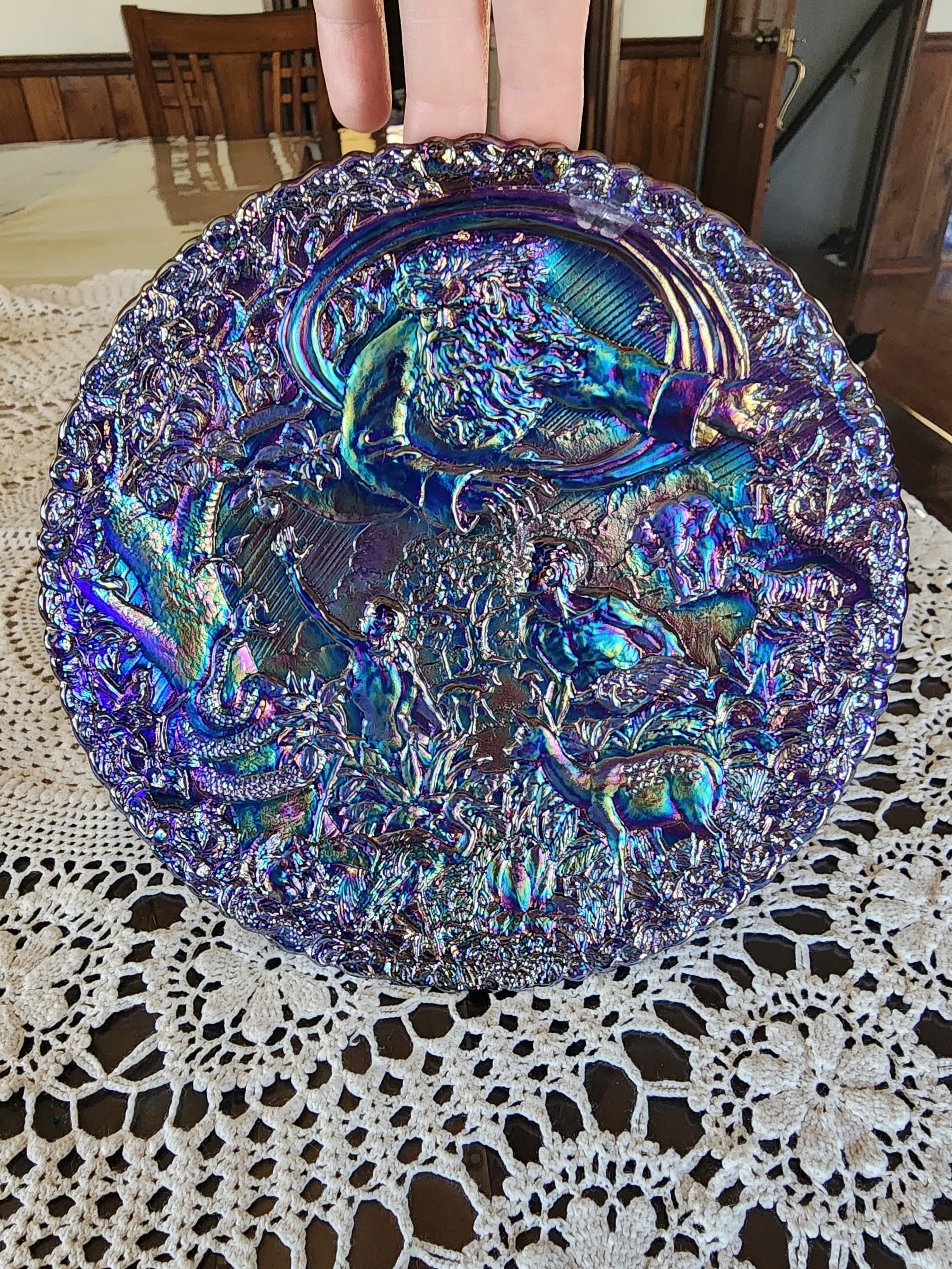 カーニバルガラス　CARNIVALGLASS フェントン FENTON USA Fenton Lotus and Grape Blue Bon Bon Carnival Glass Handled