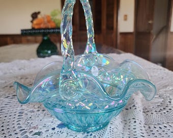 Big横幅約20cmフェントン、グランベリーオパールセントガラス、バスケット Rare Size Fenton Very Large Opalescent Basket; Vintage Fenton; - Etsy