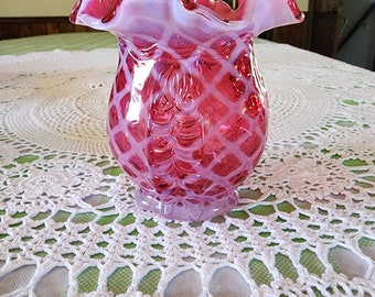 Vintage Fenton Cranberry Opalescent Diamond Optic Vase