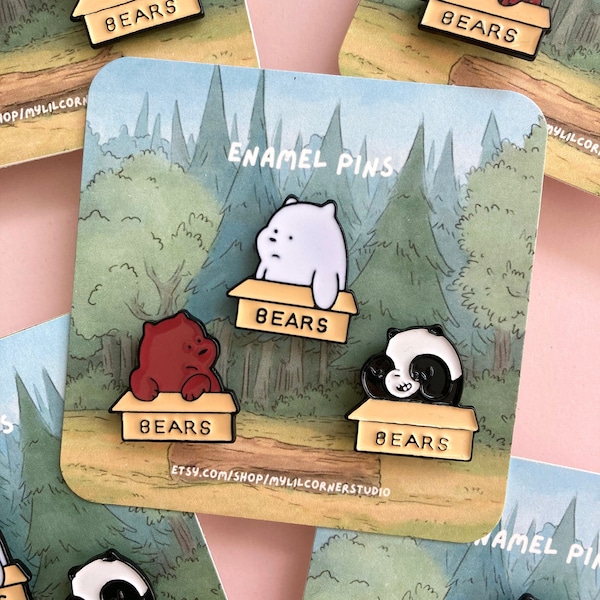3 Piece Bears Soft Enamel Pins | Brown Bear, White Bear, Panda Bear Enamel Pins | Lapel Pin Badge