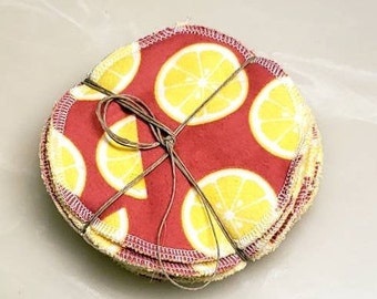 Pink Flannel Lemons Facial rounds: Yellow terry cloth cotton round, makeup remover pad or wipe