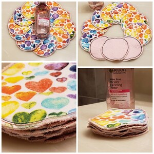 Flannel Rainbow hearts Facial rounds: makeup remover pads or wipes, reusable cotton rounds
