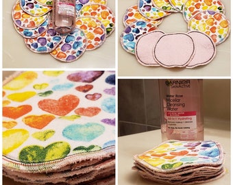 Flannel Rainbow hearts Facial rounds: makeup remover pads or wipes, reusable cotton rounds