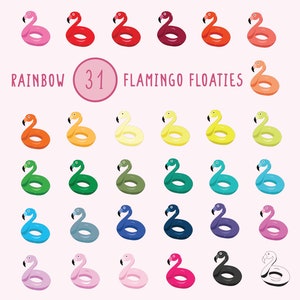 May include: Thirty-one inflatable flamingo pool floats in a rainbow of colors. The floats are arranged in rows of three, with each row featuring a different color.
