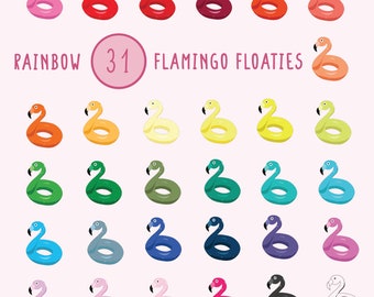 Ícones de clipart de flamingos flutuantes em arco-íris: 31 PNGs coloridos (download digital)