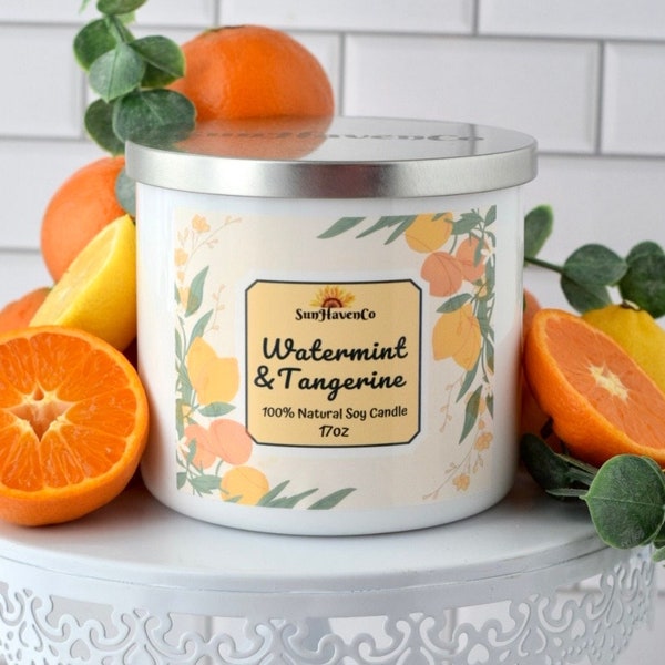 Watermint & Tangerine Natural Soy Candle, Relaxing candle, Large Home Candle Gift, Fresh natural candle, 3 Wick Candles