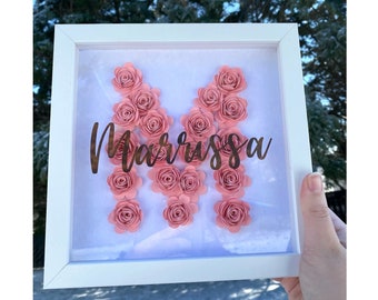 Initial & Name Shadowbox with Flowers, Customized home decor gift, Birthday Shadowbox gift, Girl Shadow Box Gift, Personalized Shadow box