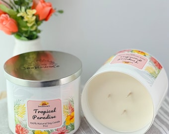 Tropical Paradise Natural Soy Candle, Relaxing candle, Large Home Candle Gift, Fresh natural candle, 3 Wick Candles