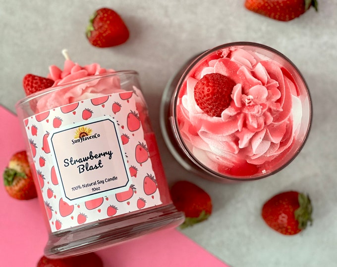 Strawberry Blast Dessert Candle, Dessert Frosting Candle, Strawberry Candle, Scented candles, Natural Soy Wax Candles, Whipped Candle