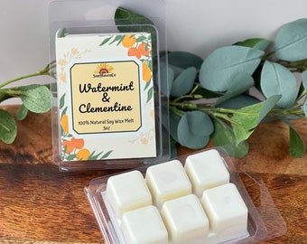 Op de afbeelding: Zes witte wasblokjes in een doorzichtige plastic verpakking met een label met de tekst "SunHavenCo Watermint & Clementine 100% Natural Soy Wax Melt 3oz".