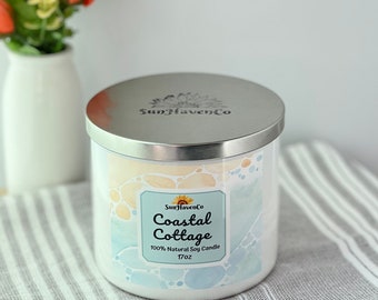 Coastal Cottage Natural Soy Candle, Relaxing candle, Large Home Candle Gift, Fresh natural candle, 3 Wick Candles, Beach Candle