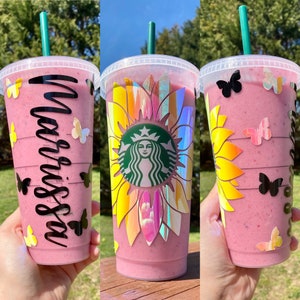 Personalized Sunflower & Butterfly Starbucks Cup Customized Starbucks Cup with name Starbucks reusable flower cup Custom Butterfly Cup image 1