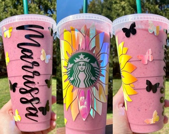 Personalized Sunflower & Butterfly Starbucks Cup | Customized Starbucks Cup with name | Starbucks reusable flower cup | Custom Butterfly Cup