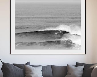 Black and White Surfer Wave Print: Nazaré Portugal Coastal Art Poster (Digital Download)